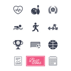 Sport games, fitness icons. Football, basketball and bowling signs. Swimming, runner and winner award symbols. Report document, calendar icons. Vector