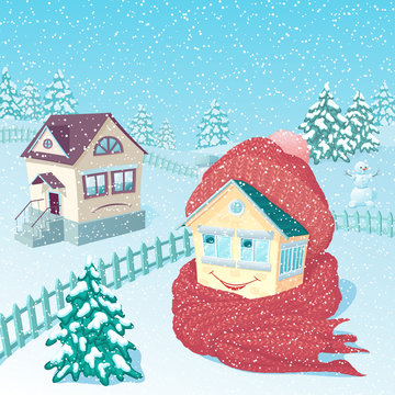 домик в зимней сельской местности под снегопадом, закутанный в теплый вязаный шарф и шапку, улыбается и 

смотрит на соседей
