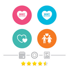 Valentine day love icons. Best girlfriend and boyfriend symbol. Couple lovers sign. Calendar, cogwheel and report linear icons. Star vote ranking. Vector