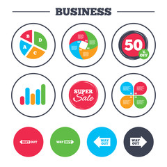 Business pie chart. Growth graph. Way out icons. Left and right arrows symbols. Direction signs in the subway. Super sale and discount buttons. Vector