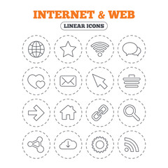 Internet and Web icons. Wi-fi network, favorite star and internet globe. Hearts, shopping cart and speech bubbles. Share, rss and link symbols. Round flat buttons with linear icons. Vector