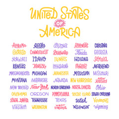 Custom lettering of the names of the American states, USA typogr