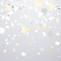 Clean holiday background with flying golden and white confetti,