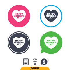 Happy Mothers's Day sign icon. Mom symbol. Report document, information sign and light bulb icons. Vector