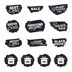 Ink brush sale stripes and banners. Sale gift box tag icons. Discount special offer symbols. 50%, 60%, 70% and 80% percent discount signs. Black friday. Ink stroke. Vector