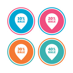 Sale pointer tag icons. Discount special offer symbols. 10%, 20%, 30% and 40% percent sale signs. Colored circle buttons. Vector