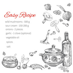 Recipe hand drawn template, vector page menu design, kitchen background, Stylish sketched culinary design elements: pan, mushrooms, bottle with olive oil, peppers and others isolated on white