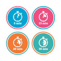 Timer icons. 5, 15, 20 and 30 minutes stopwatch symbols. Colored circle buttons. Vector