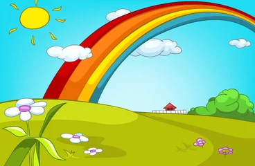 Poster Cartoon background of summer glade with rainbow. © Visual Generation