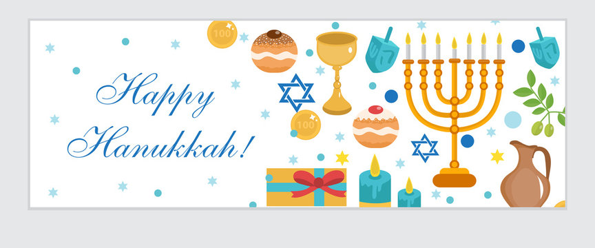 Happy Hanukkah, banner. Hanukkah Jewish Festival of Lights, Feast of Dedication. Hanukkah banner. Vector illustration