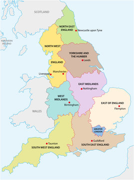 outline map of the nine regions of England