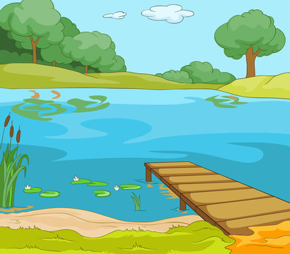 Cartoon Background Of Forest Lake With Pier.