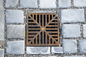 Detail of a manhole grid in the street