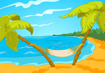 Cartoon background of tropical beach and sea.