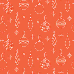 Christmas decoration seamless vector pattern. New Year eve toys thin line background. Retro red holiday pattern for gift wrap paper.