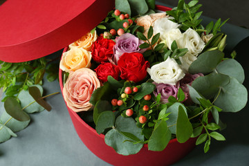 Fototapeta na wymiar Floral arrangement in box closeup