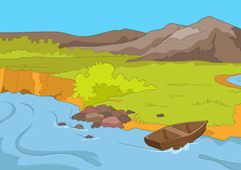 Fototapeta na wymiar Cartoon background of mountain lake.