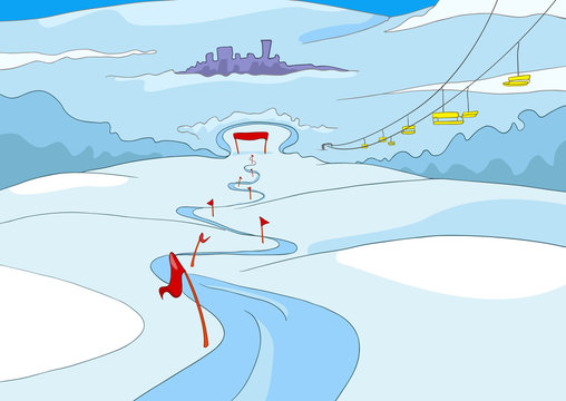 Cartoon background of ski resort.