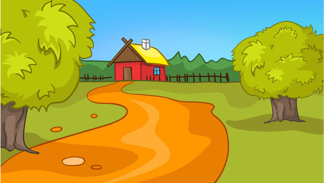 Cartoon background of countryside summer landscape