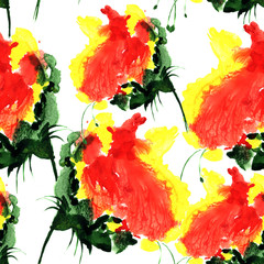 Watercolor seamless pattern with fantasy flower in red and yellow color. Hand drawn illustration for design, textile and background.
