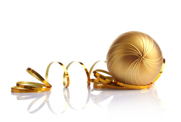 Composition of beautiful bauble and golden ribbon on white background, close up view