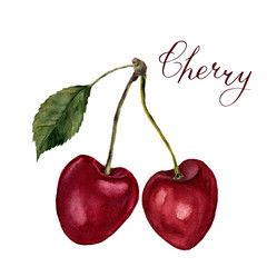 Watercolor cherries with leaf and lettering Cherry. Hand drawn food illustration on white background. For design, textile and background. Realistic botanical illustration.