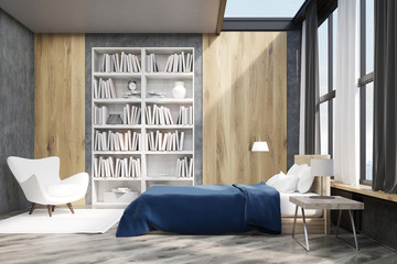 Bedroom interior with bookcase