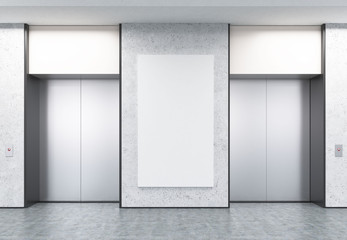 Two closed elevators in corridor with concrete walls and poster © ImageFlow