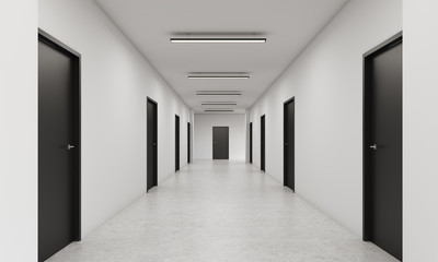 Long corridor with closed black doors - obrazy, fototapety, plakaty