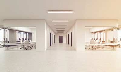 Fototapeta premium Two rows of conference rooms in office, toned