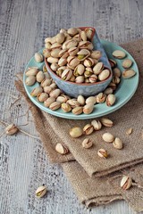 Pistachio nuts on the wooden background