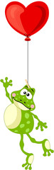 Frog flying with heart balloon