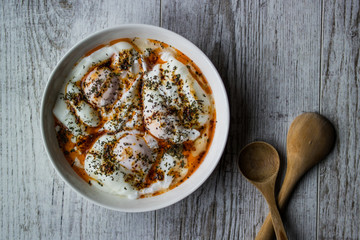 Cilbir / Poached Egg in Yogurt with Spicy Frothed Butter.