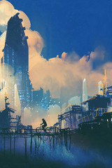 sci-fi cityscape with slum and futuristic skyscraper,illustration painting © grandfailure
