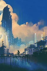Foto auf Acrylglas sci-fi cityscape with slum and futuristic skyscraper,illustration painting © grandfailure