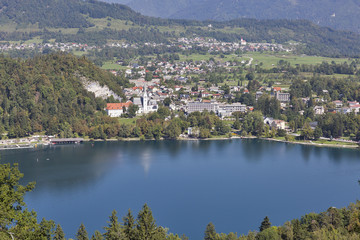 Fototapeta na wymiar St. Martins Parish Church overlooking the Bled Lake in Slovenia.