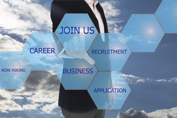 Recruiter pointing Join Us sign on screen to advertise about hiring opportunities