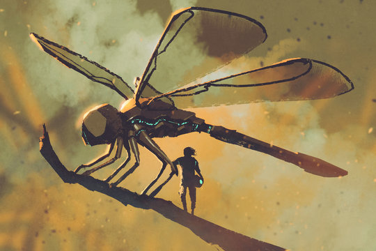 pilot standing with giant mechanical dragonfly,sci-fi concept illustration painting