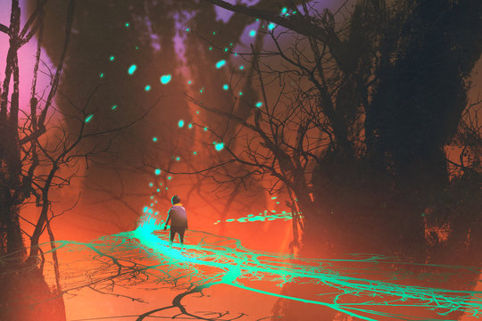 kid walking on fantasy bridge with glowing blue light in mystical forest,illustration painting