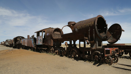 Fototapeta na wymiar Cemetery of trains in Uyuni Salar, Bolivia