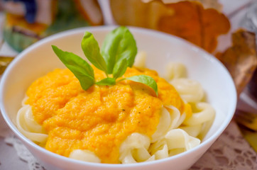 Macaroni pasta with creamy pumpkin