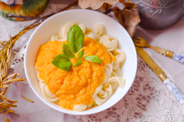 Macaroni pasta with creamy pumpkin