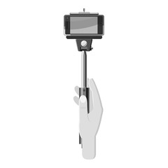 Hand holding selfie stick icon. Gray monochrome illustration of hand holding selfie stick vector icon for web
