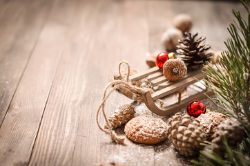 New Year Decoration with Vintage Wooden Sled