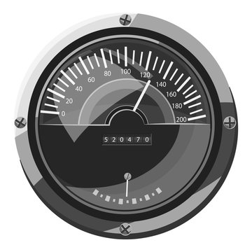 Large round speedometer icon. Gray monochrome illustration of large round speedometer vector icon for web