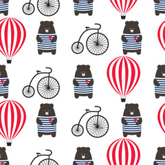 Naklejka premium Bear with bicycle and hot air balloon seamless pattern. Cute cartoon teddy with retro transport vector illustration. Child drawing style adventure background. Design for fabric, textile etc.