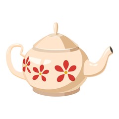 White teapot with red flowers icon. Cartoon llustration of white teapot with red flowers vector icon for web