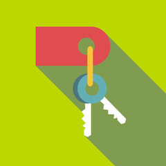 Keys with red tag icon. Flat illustration of keys with red tag vector icon for web