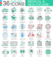 Vector medical healthcare medicine modern color flat line outline icons for apps and web design.