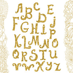 Golden glitter alphabet and doodle backdrop. Vector alphabet. Hand drawn calligraphy letters. Letters of the alphabet written with a brush.
